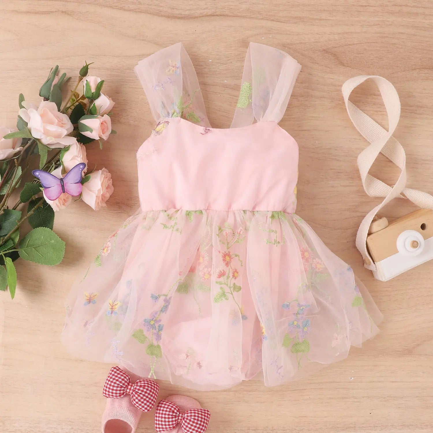 Girls’ baby suspenders with embroidered flowers and mesh for princesses with open crotch and baby rompers