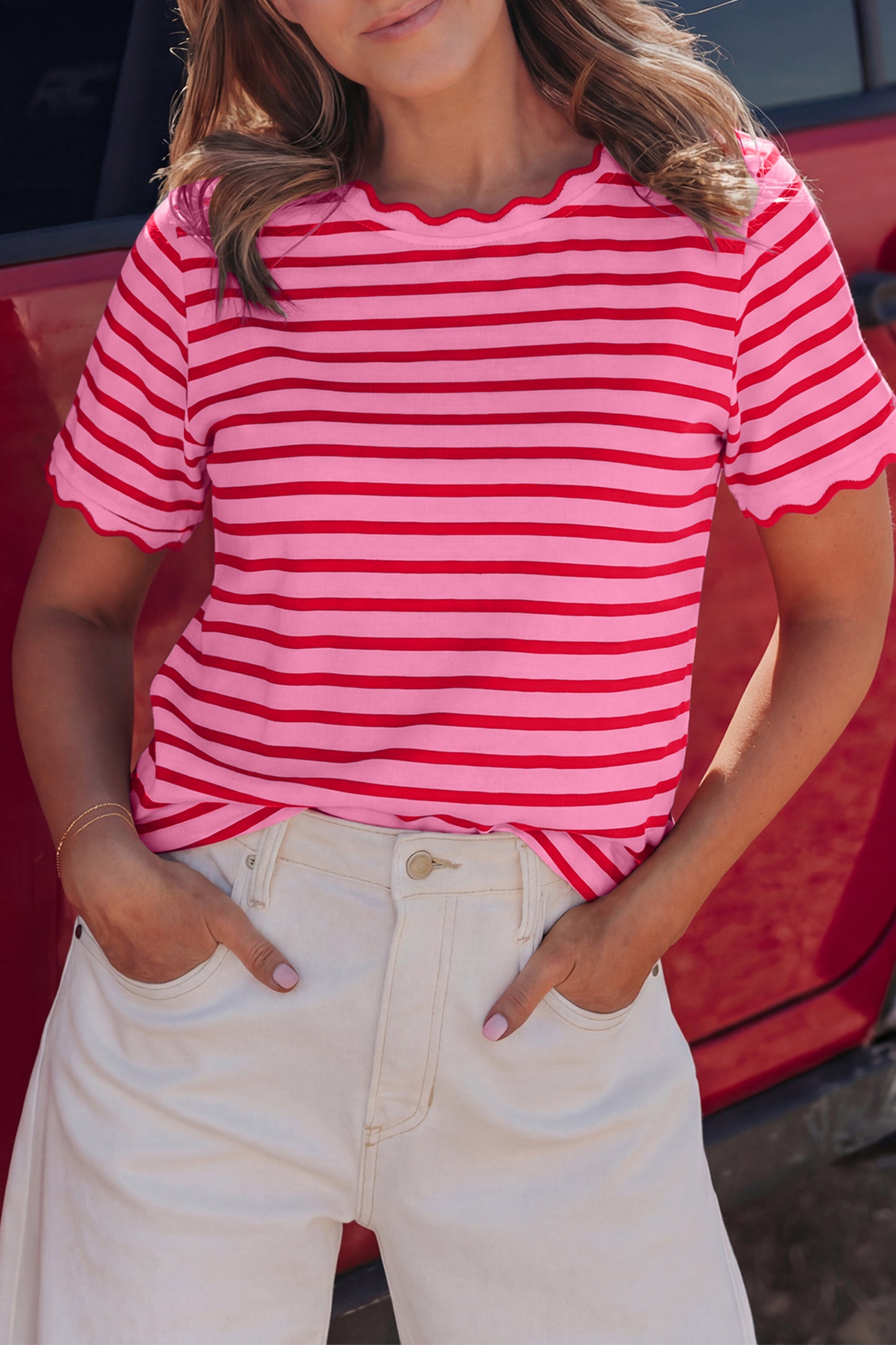 Red Stripe Scalloped Trim Round Neck T Shirt