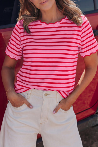 Red Stripe Scalloped Trim Round Neck T Shirt