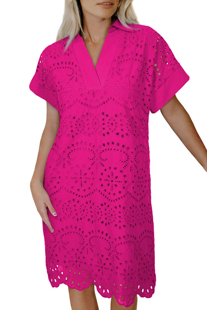 White Solid Color Eyelet Embroidered T Shirt Mini Dress