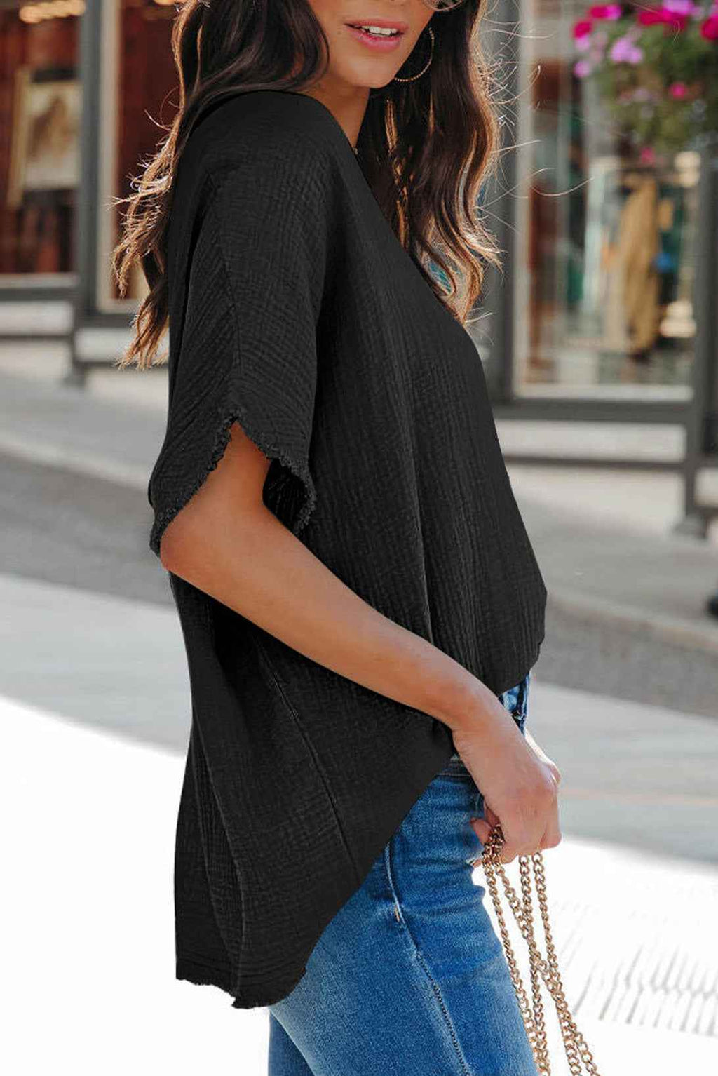 Black Frayed Batwing Sleeve Textured Cotton Blouse