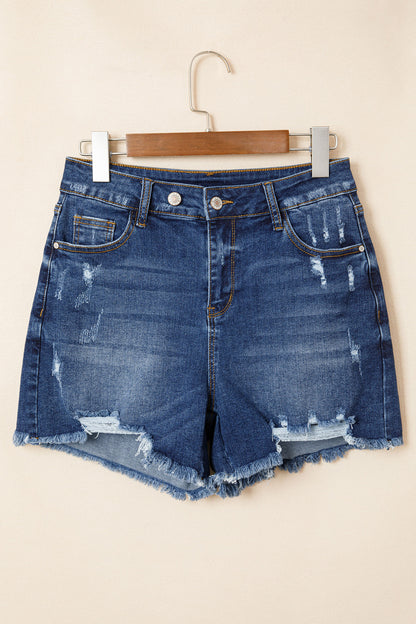 Beau Blue Asymmetric Raw Hem Distressed Whiskery Denim Shorts