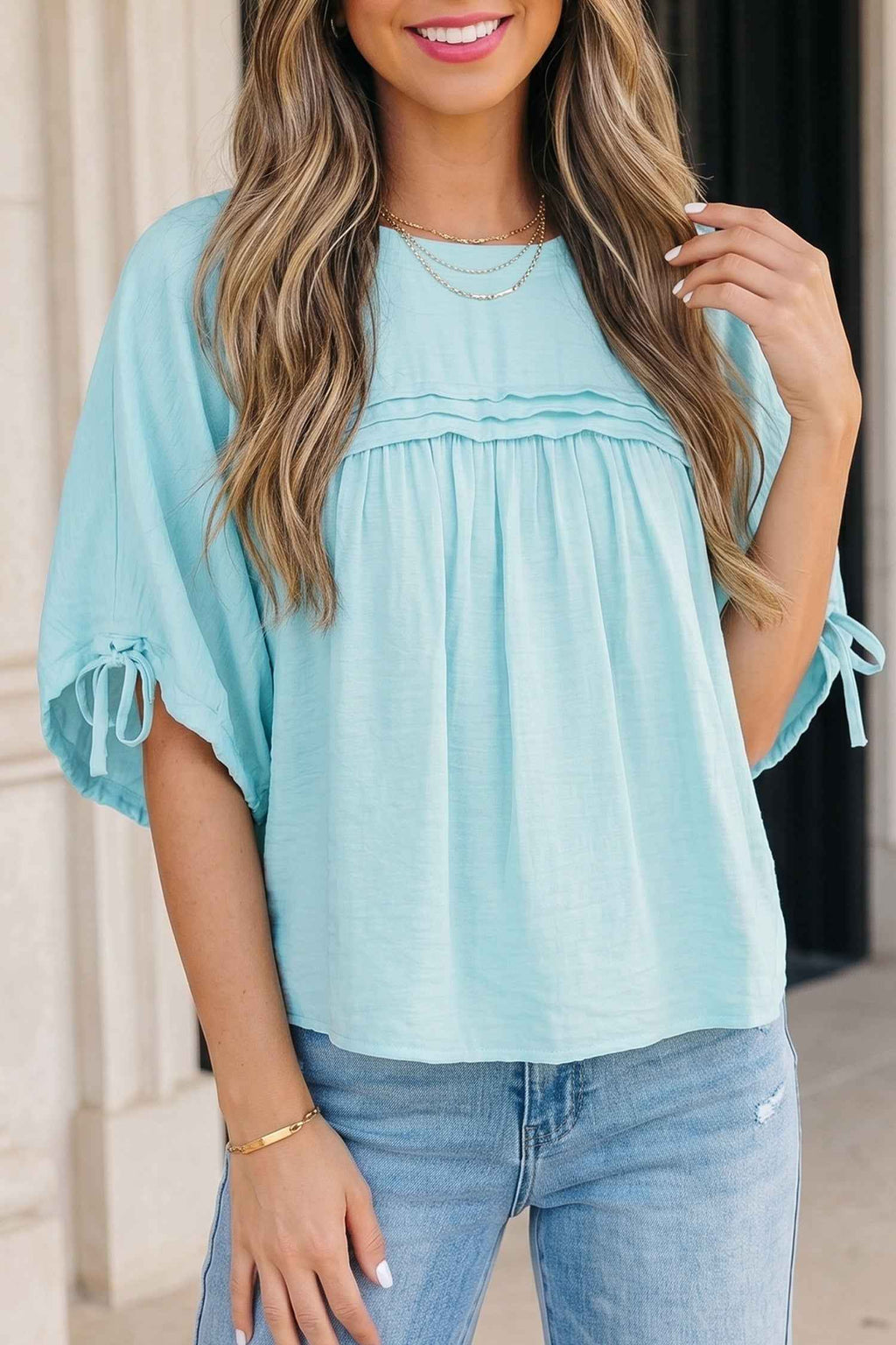 Mist Blue Tie Half Sleeve Pleated Detail Babydoll Blouse