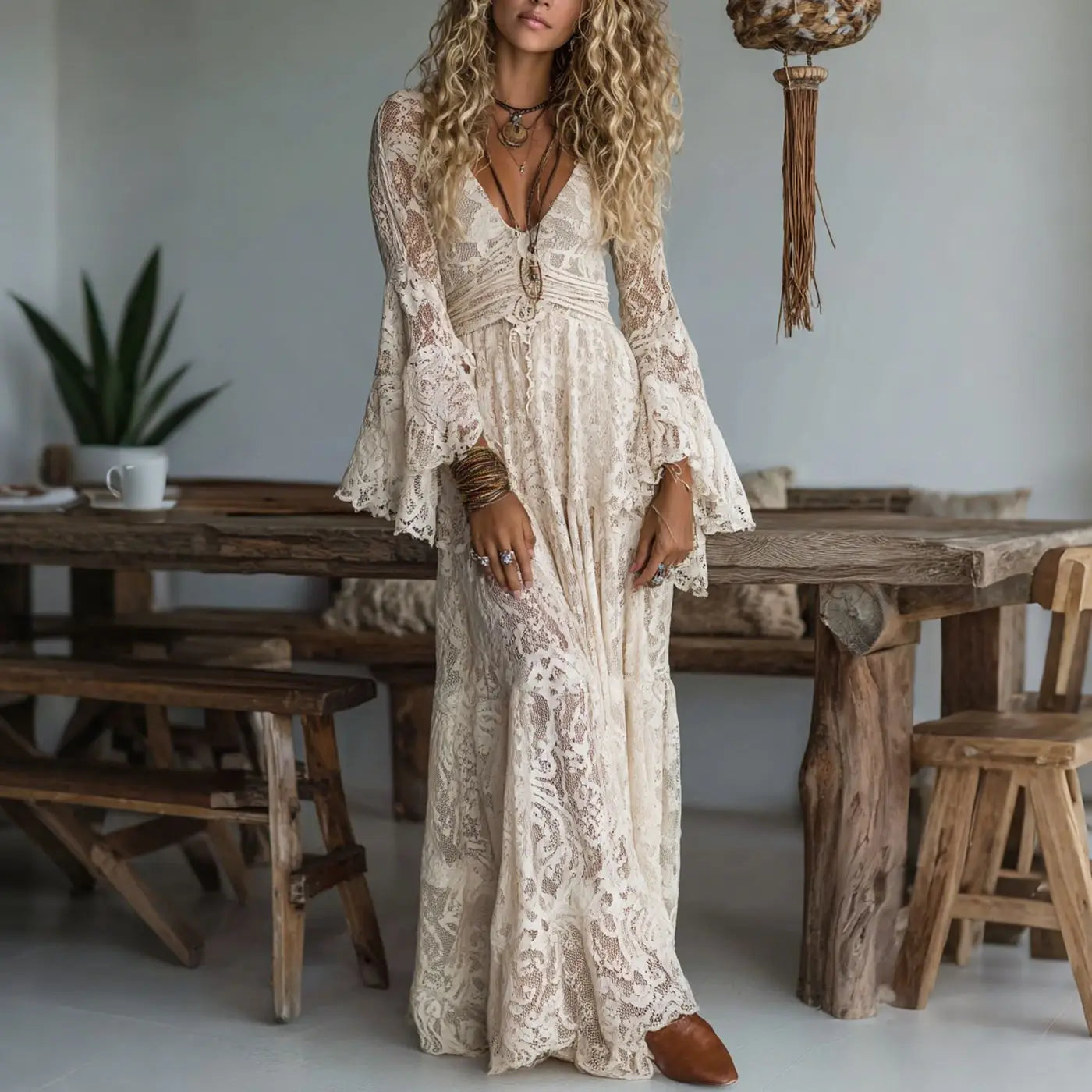 Elegant V-Neck High-Waisted Lace Spliced Casual Long Sleeve Dress