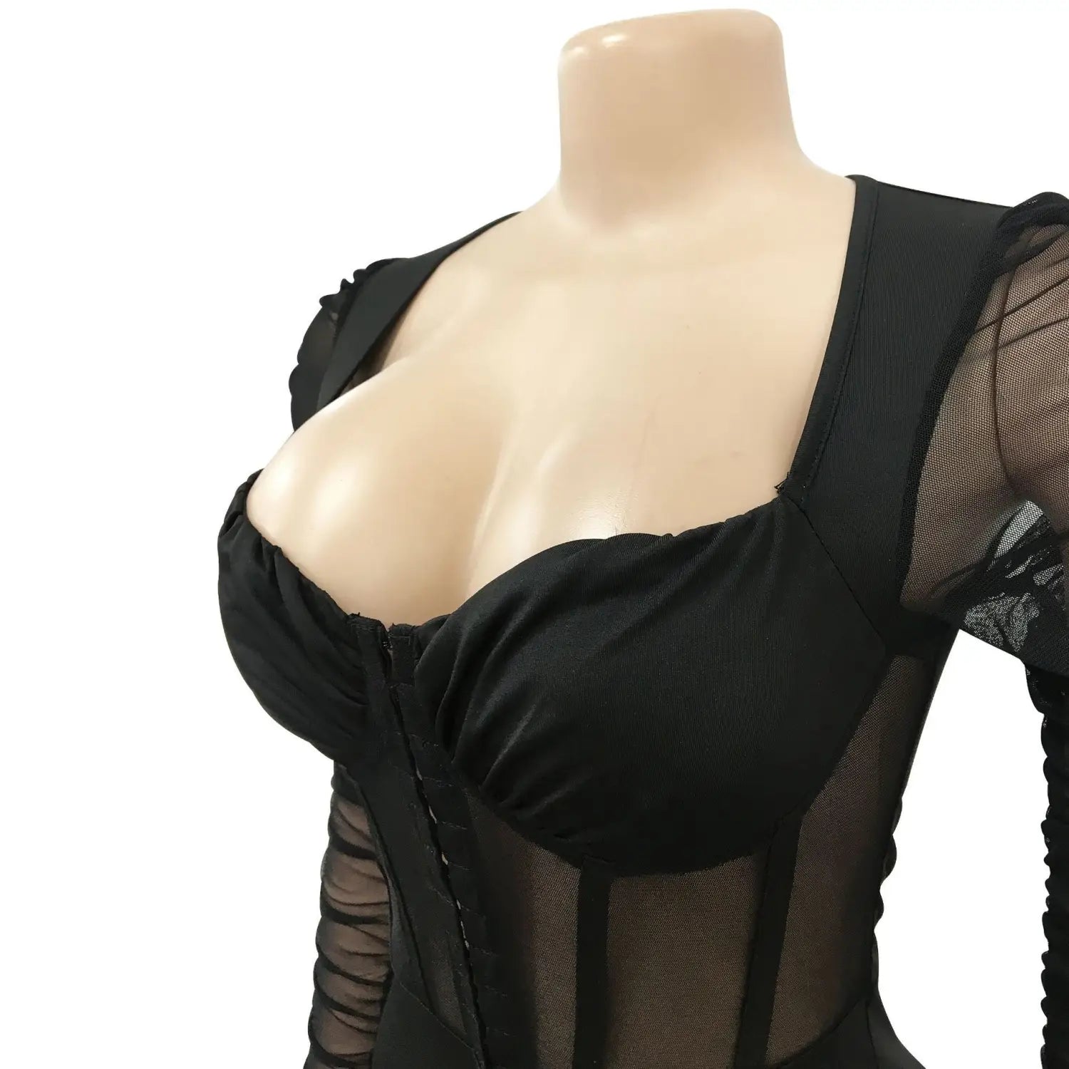 Fashion women’s solid color long sleeve short pants mesh sheer jumpsuit