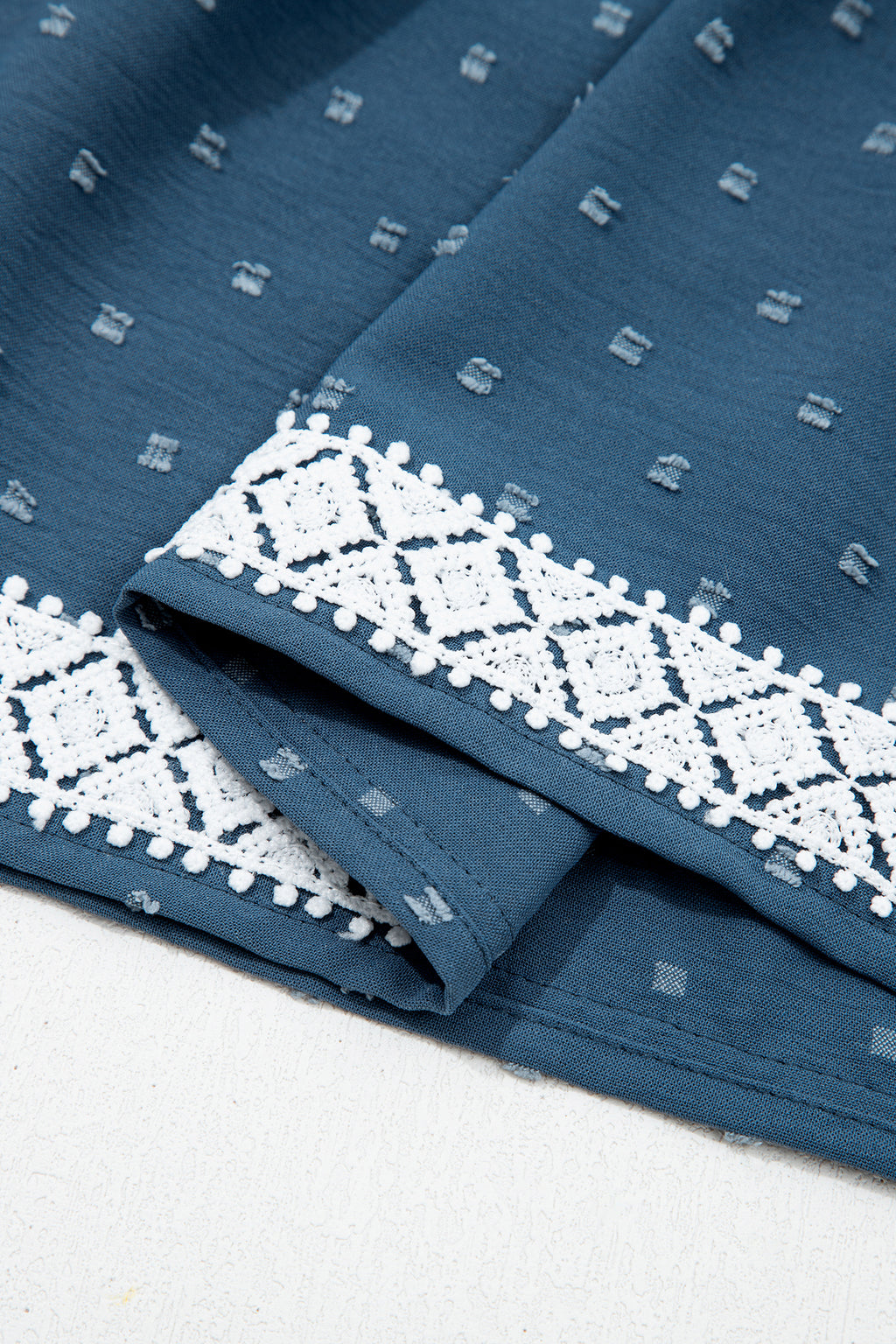 Dusk Blue Plus Size V Neck Swiss Dot Lace Patchwork Detail Flared Midi Dress