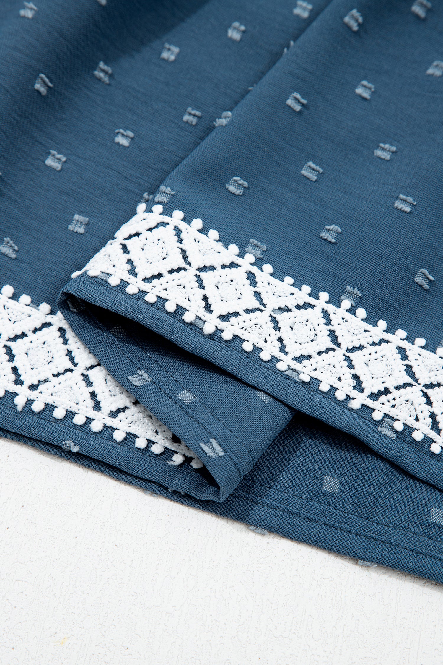 Dusk Blue Plus Size V Neck Swiss Dot Lace Patchwork Detail Flared Midi Dress