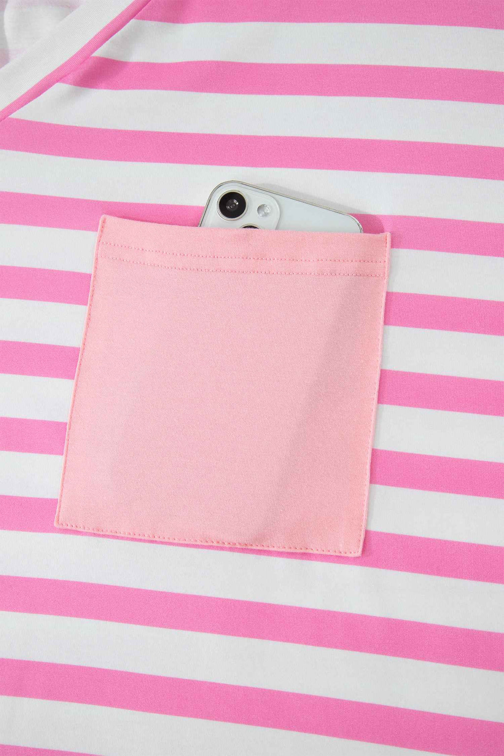 Pink Stripe Colorblock Patched Pocket V Neck Plus Size Tee