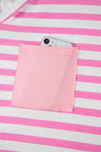Pink Stripe Colorblock Patched Pocket V Neck Plus Size Tee