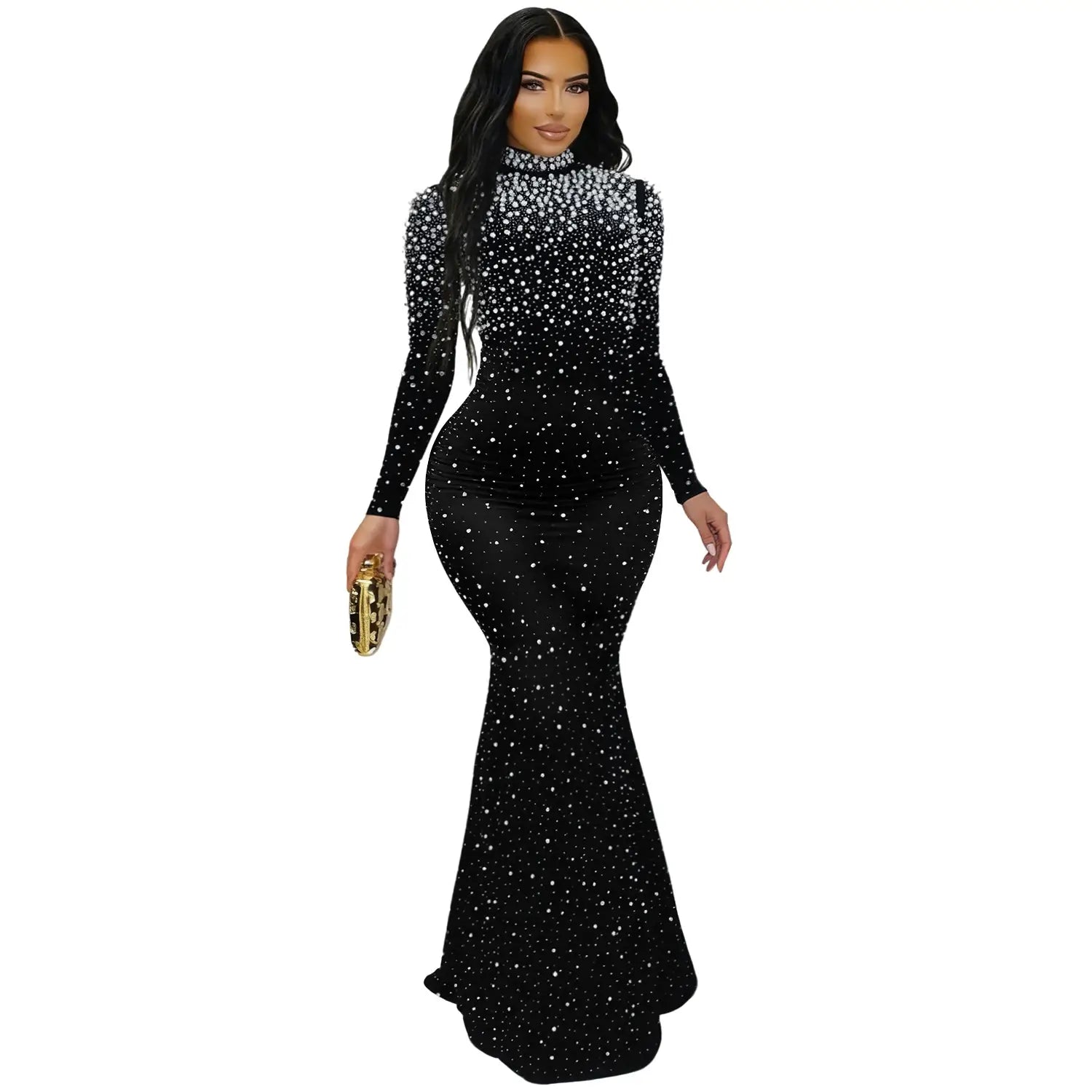 Elegant high neck rhinestone beaded bodycon dress for women fashion