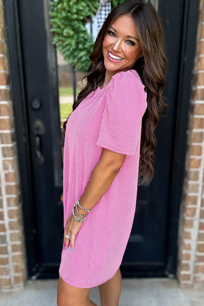 Blossom Corded Knit Crew Neck Puff Sleeve Shift Mini Dress