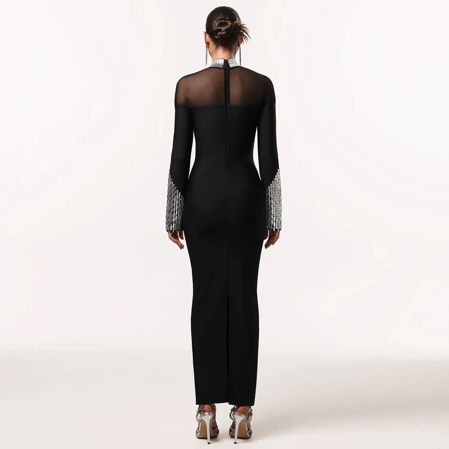 Elegant high neck long sleeve fitted sequined dress for women