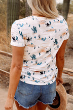 Beige Plus Size Western Print Dropped Shoulder Tee