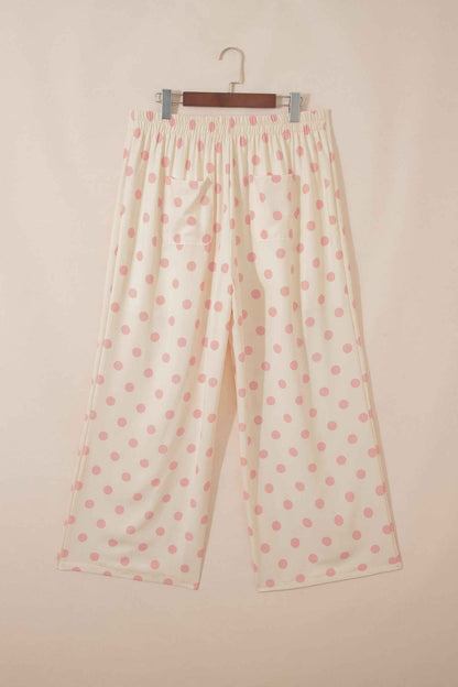 White Polka Dot Print Patched Pocket Mid-rise Straight Leg Pants