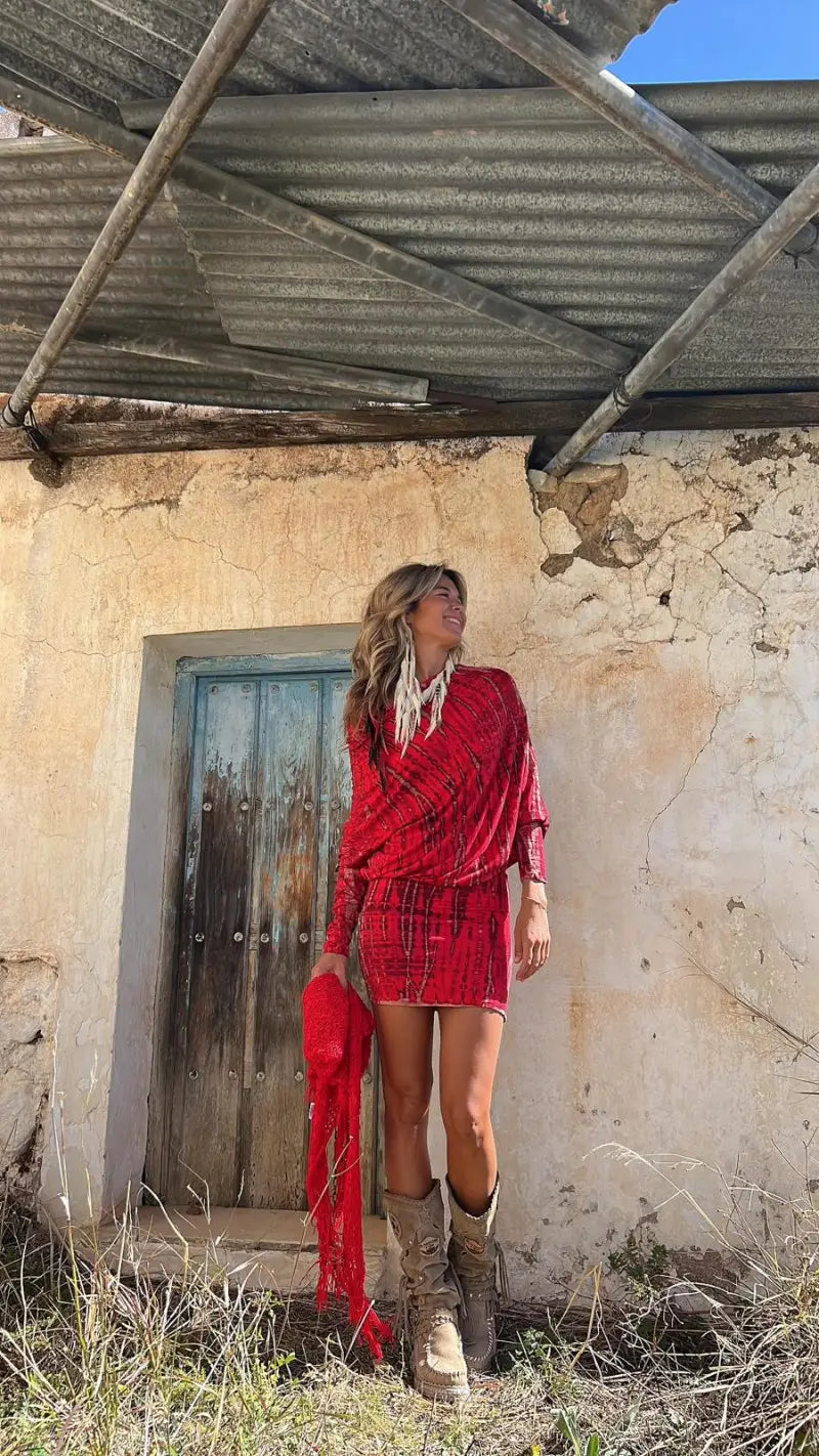 Chic one-shoulder batwing sleeve printed bodycon dress tie-dye mini skirt