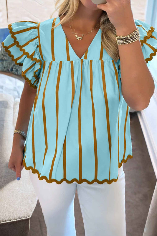 Sky Blue Stripe Ricrac Trim Double Ruffled Short Sleeve V Neck Blouse