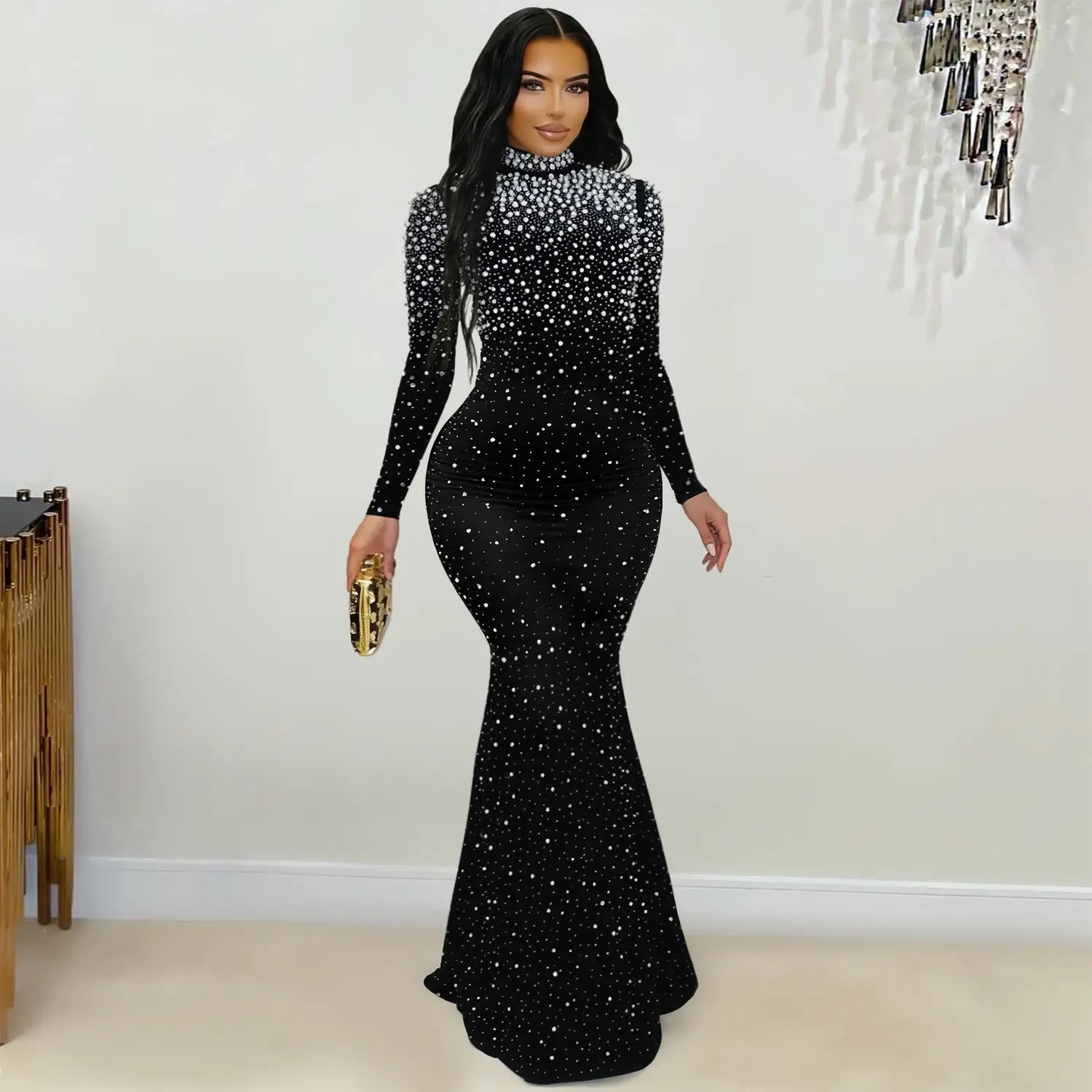 Elegant high neck rhinestone beaded bodycon dress for women fashion