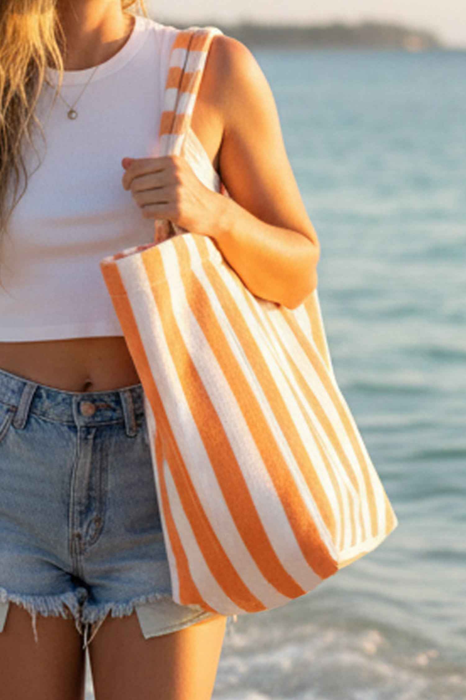 Grapefruit Orange Striped Terry Large Beach Tote Bag