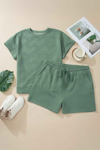 Mineral Blue Plus Size Textured Short Sleeve Top Drawstring Shorts Set