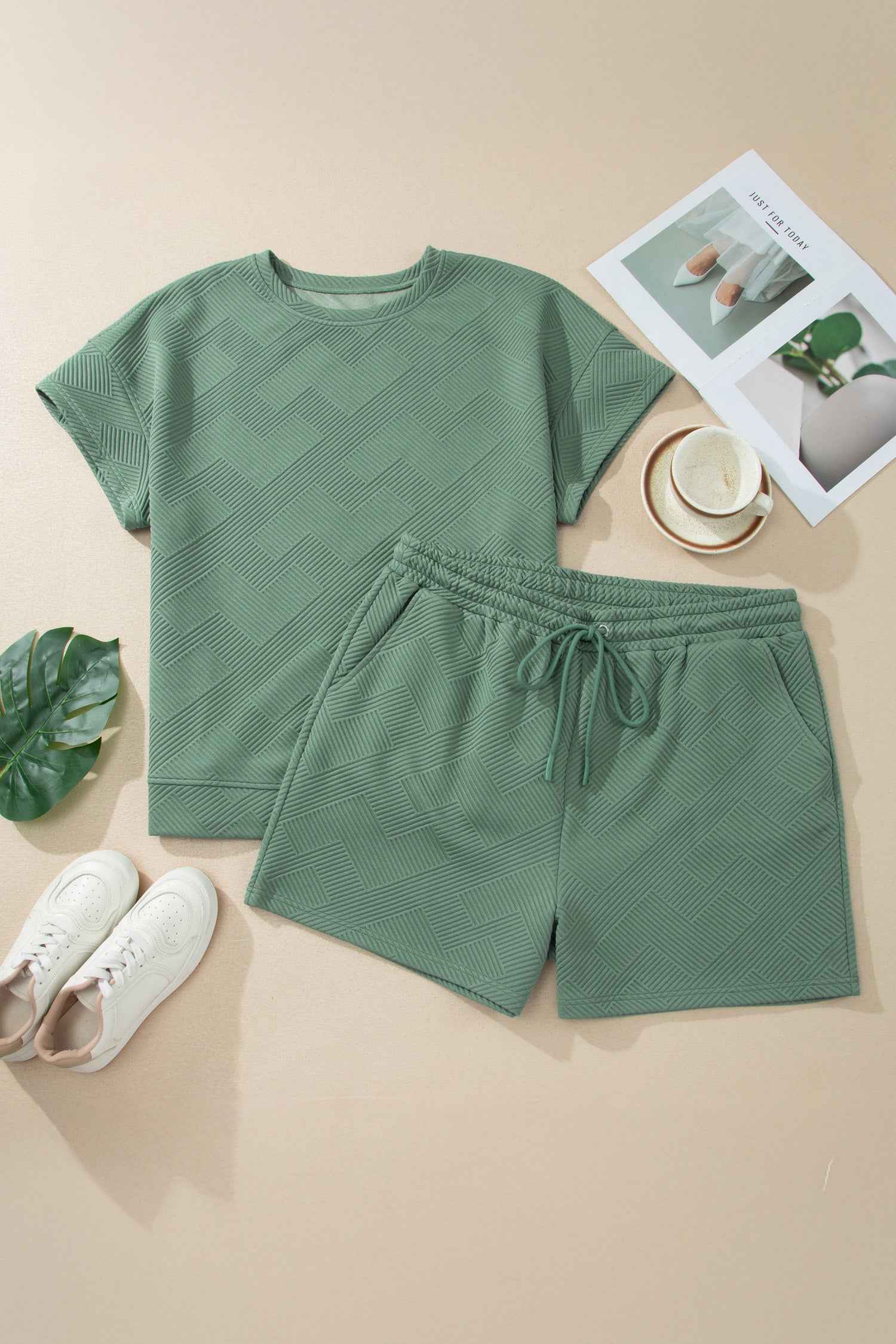 Mineral Blue Plus Size Textured Short Sleeve Top Drawstring Shorts Set