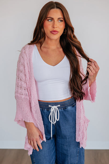 Old Rose Hollowed Pattern Knit Drop Shoulder Open Sweater Cardigan