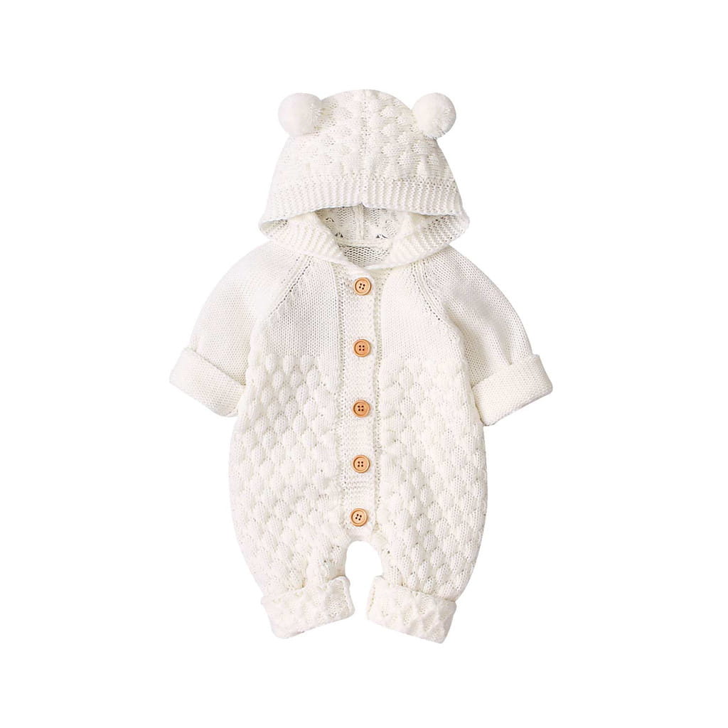 Children’s three-dimensional fur ball hooded solid color knitted jumpsuit
