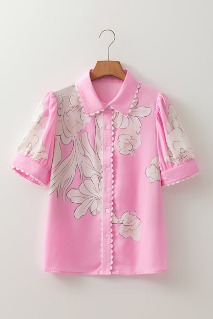 Sky Blue Floral Ric Rac Edge Puff Sleeve Button Up Summer Shirt