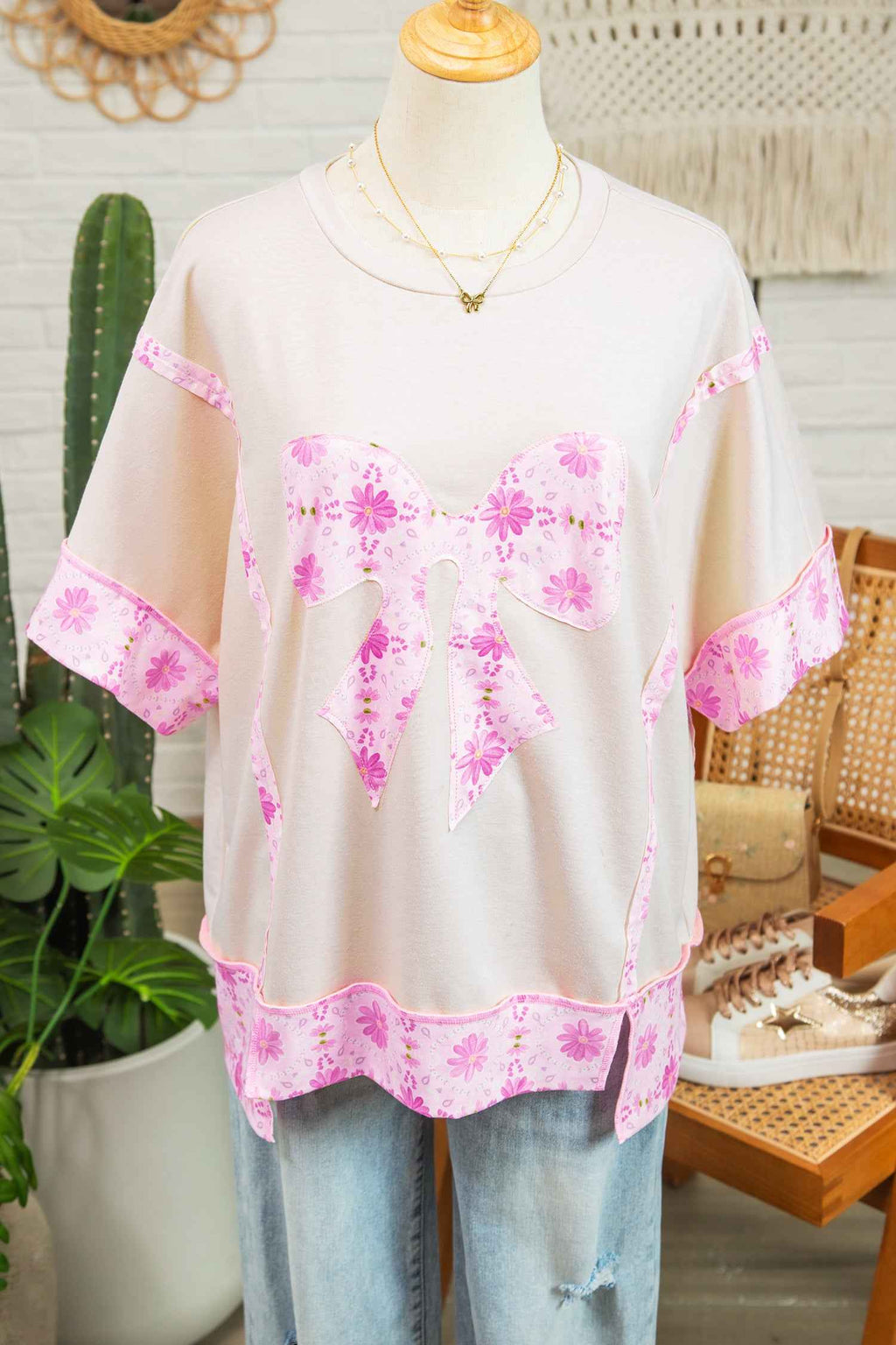 Apricot Daisy Floral Bow Contrast Patchwork Loose T Shirt