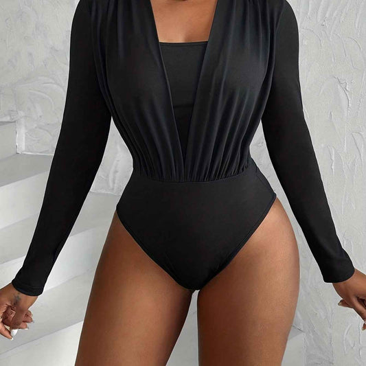 Solid Pleated VNeck Slim Long Sleeve Bodysuit