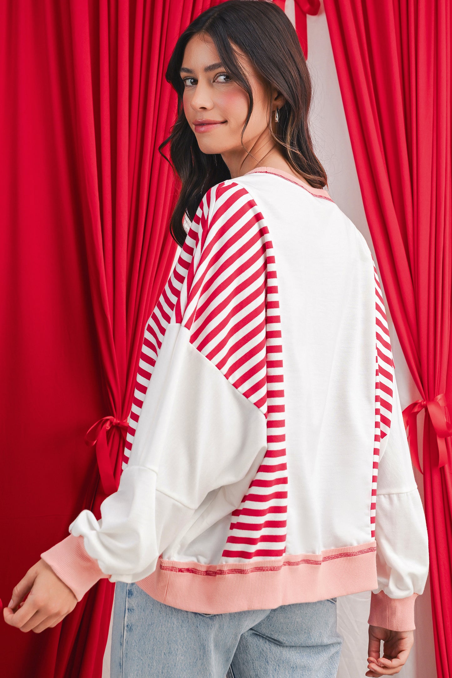 White Striped Colorblock Patchwork Oversized Sweatshirt