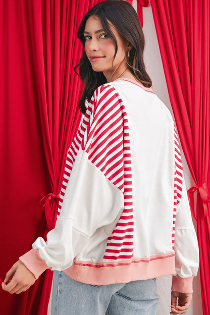 White Striped Colorblock Patchwork Oversized Sweatshirt