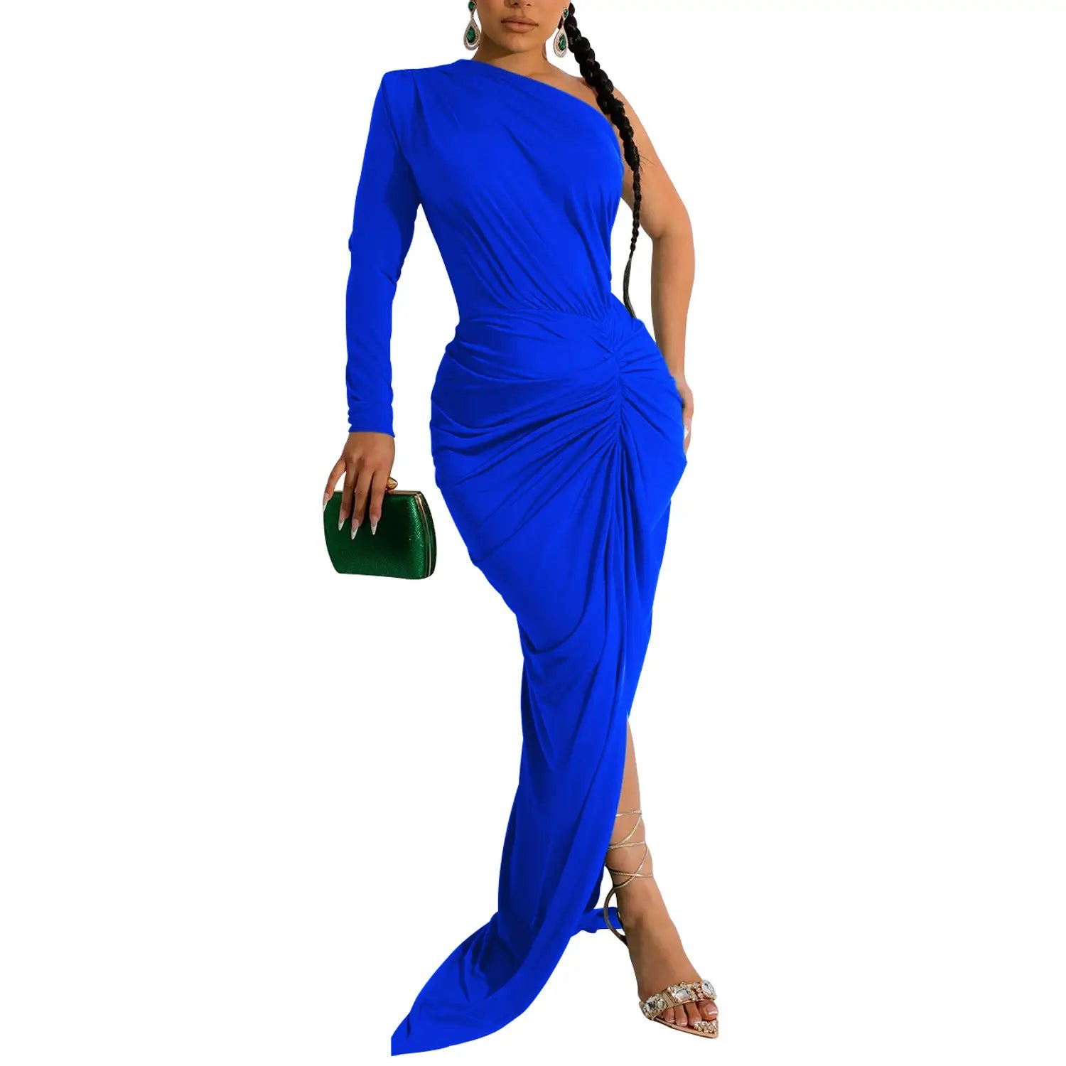 Fashion women’s solid color asymmetrical neck single long sleeve long dress with pleats