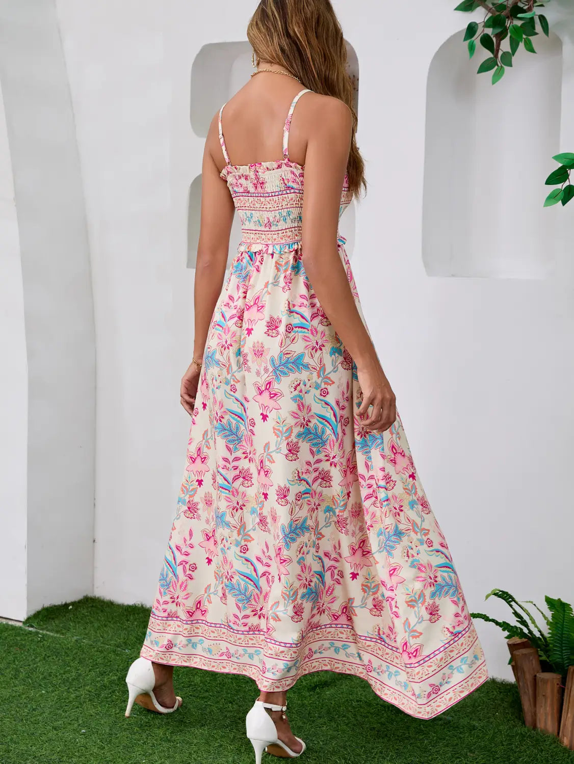 Real Shot Ethnic Print Bohemian Tie-up Backless Dress Beach Summer Strap Long Dress