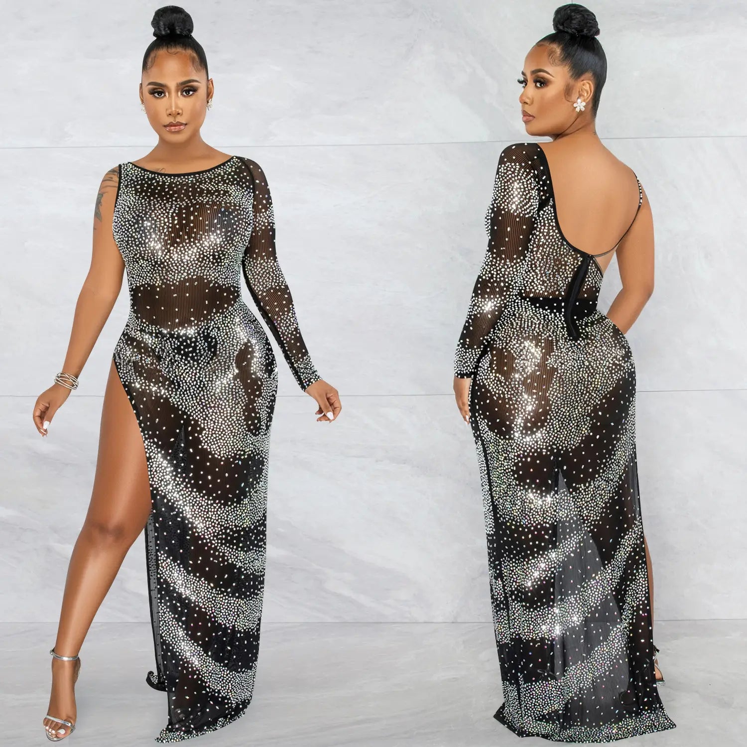 Fashion sexy nightclub rhinestone single long sleeve irregular slit maxi dress