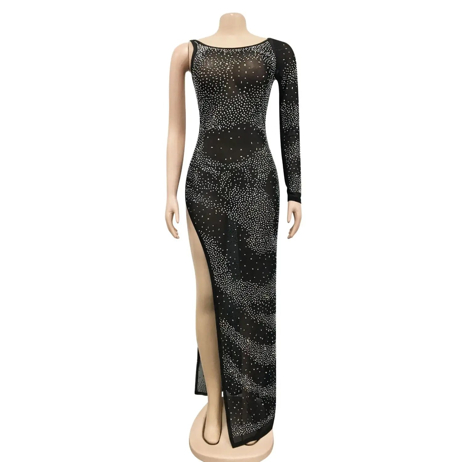 Fashion sexy nightclub rhinestone single long sleeve irregular slit maxi dress