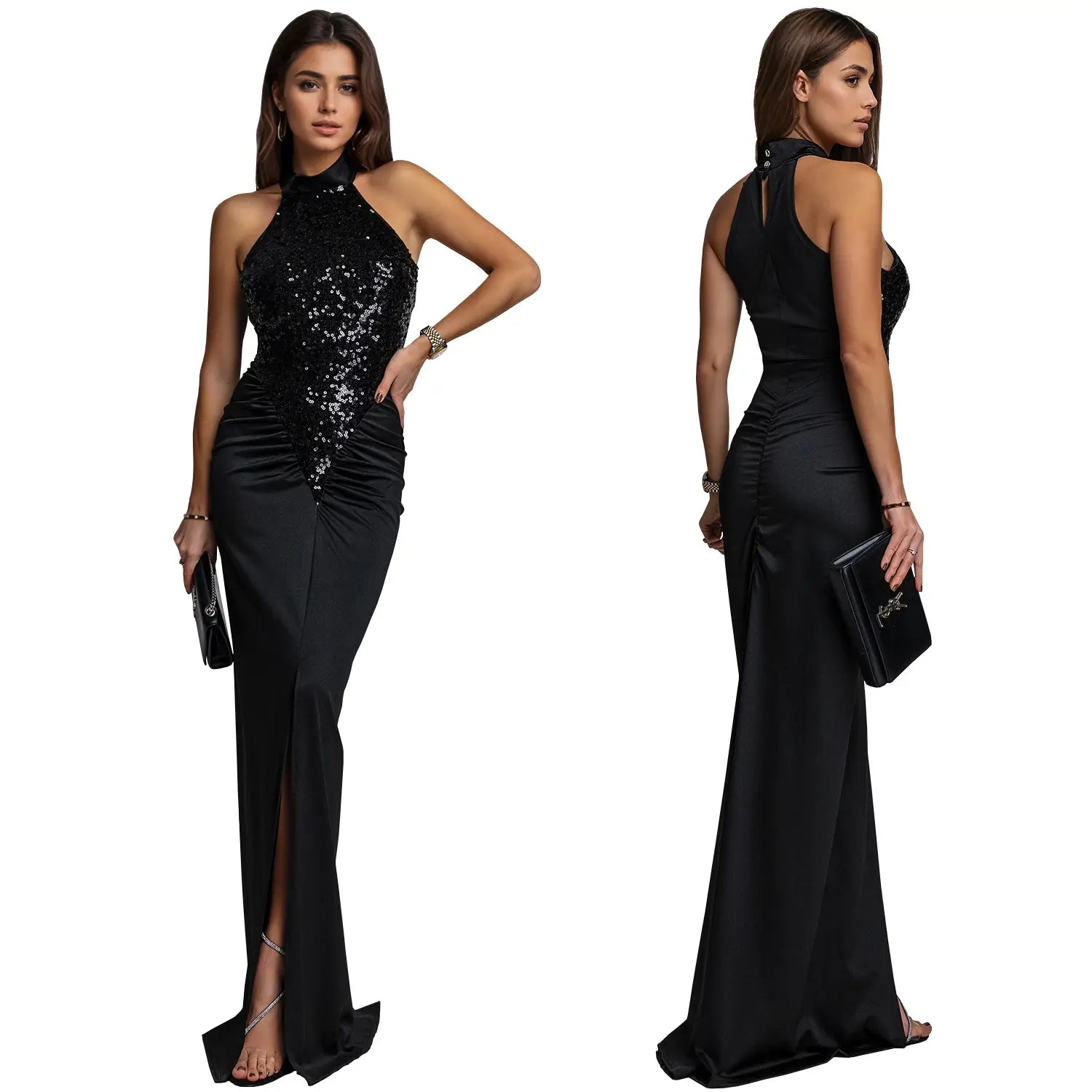 Fashion women’s sexy fitted sequin velvet split dress