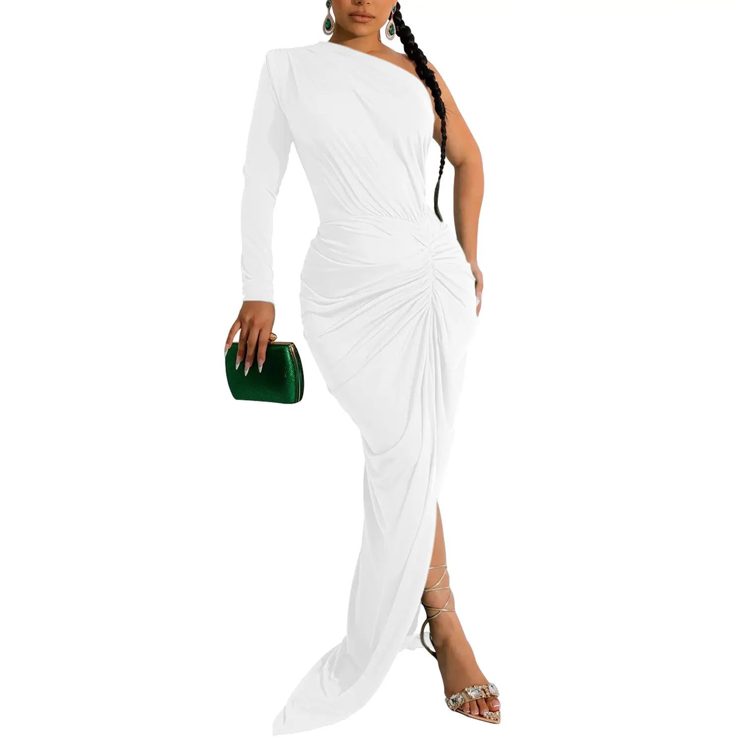 Fashion women’s solid color asymmetrical neck single long sleeve long dress with pleats