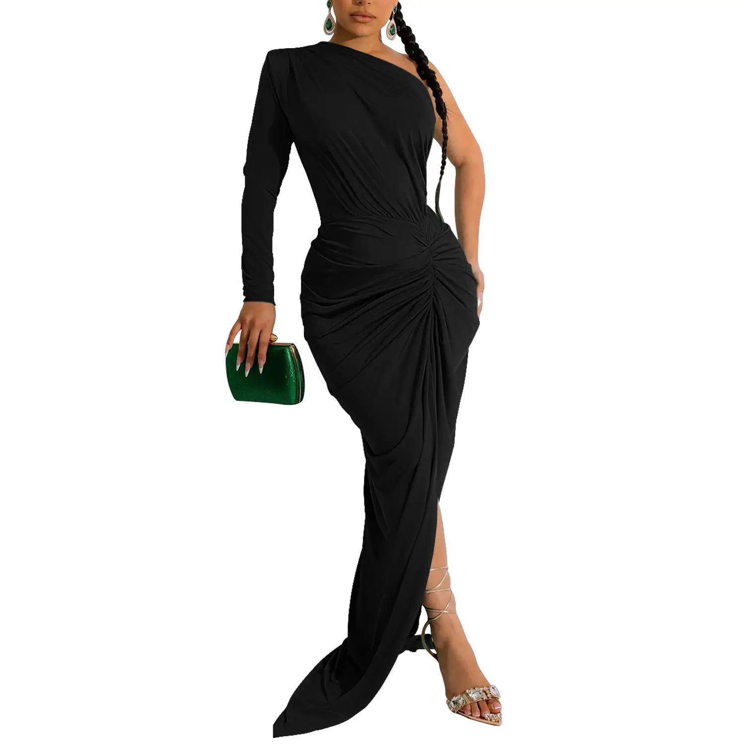 Fashion women’s solid color asymmetrical neck single long sleeve long dress with pleats