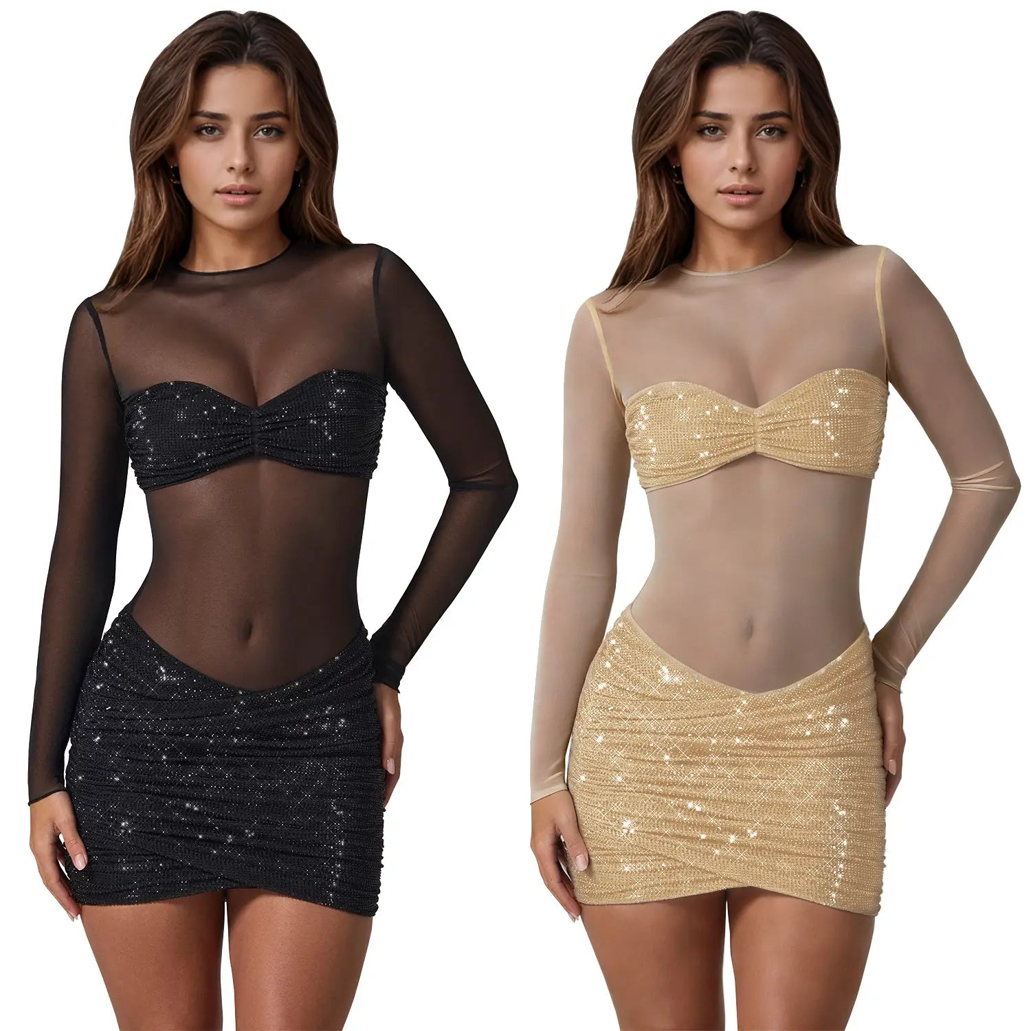 Fashion women’s sexy sheer mesh rhinestone dress mini skirt