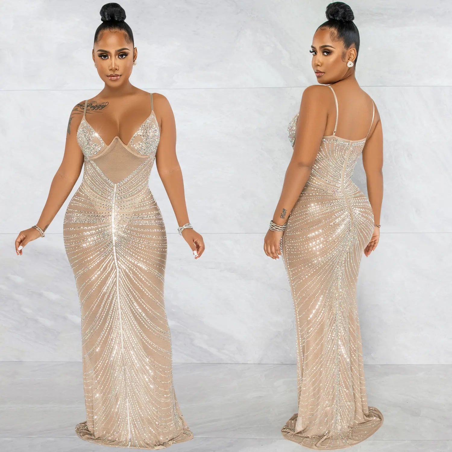 Fashion sexy beaded strapless sheer mesh long dress