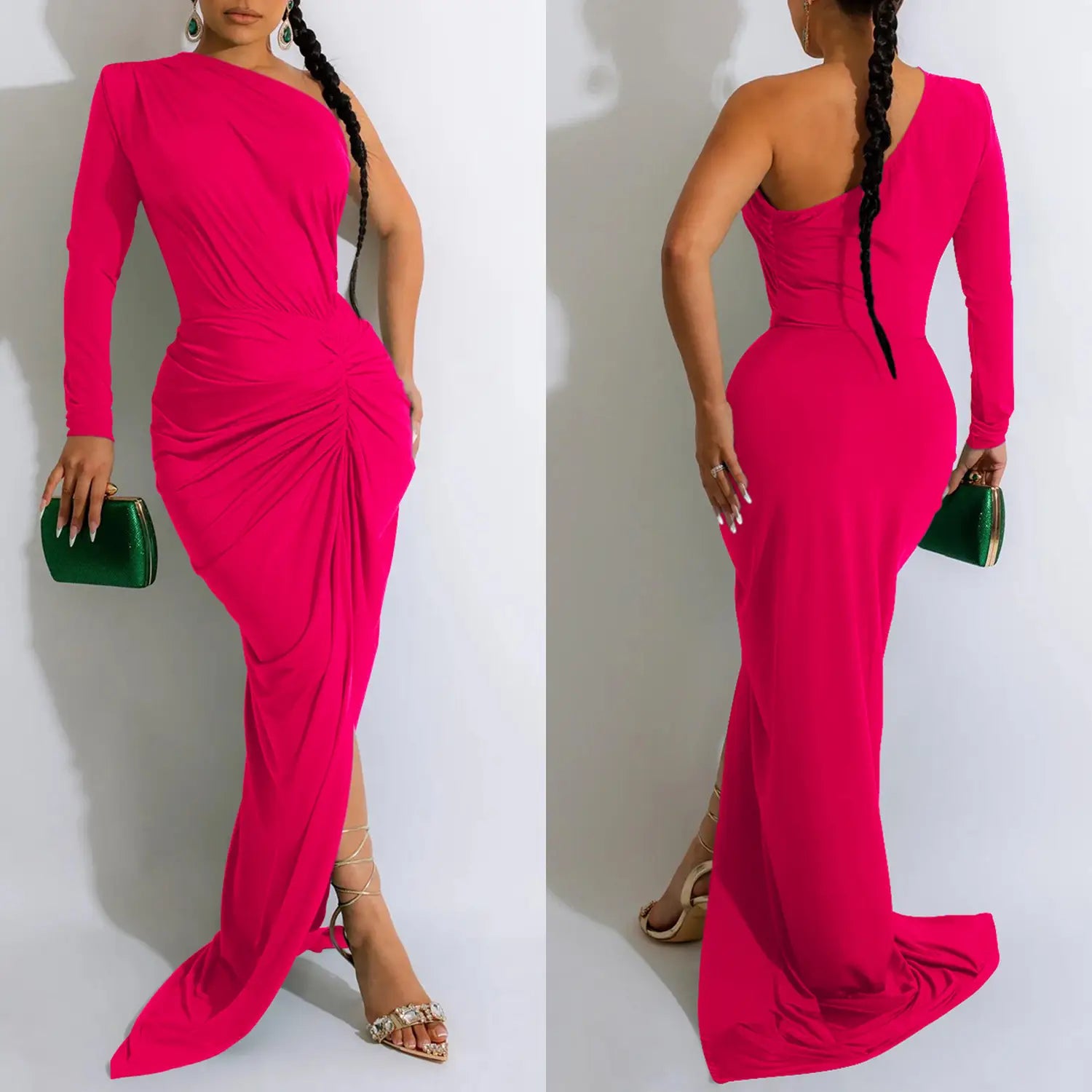Fashion women’s solid color asymmetrical neck single long sleeve long dress with pleats