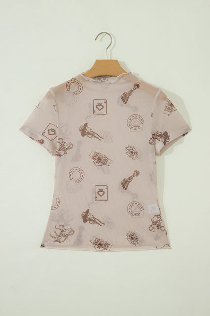 Brown Floral Printed Mesh Short Sleeve Top