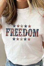 White FREEDOM Patriotic Letter Print Crew Neck T Shirt
