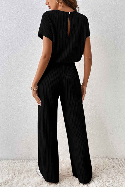 Black Ribbed Keyhole Short Sleeve Wide Leg Jumpsuit
