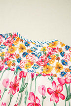 Pink Plus Size Floral Print Striped Trim V Neck Blouse