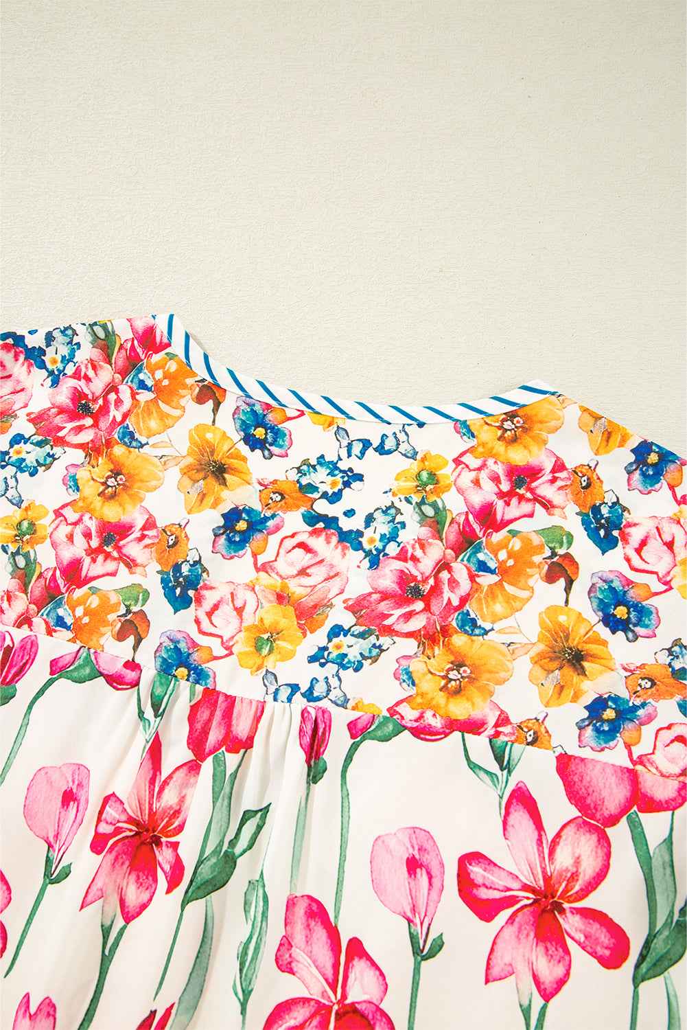 Pink Plus Size Floral Print Striped Trim V Neck Blouse