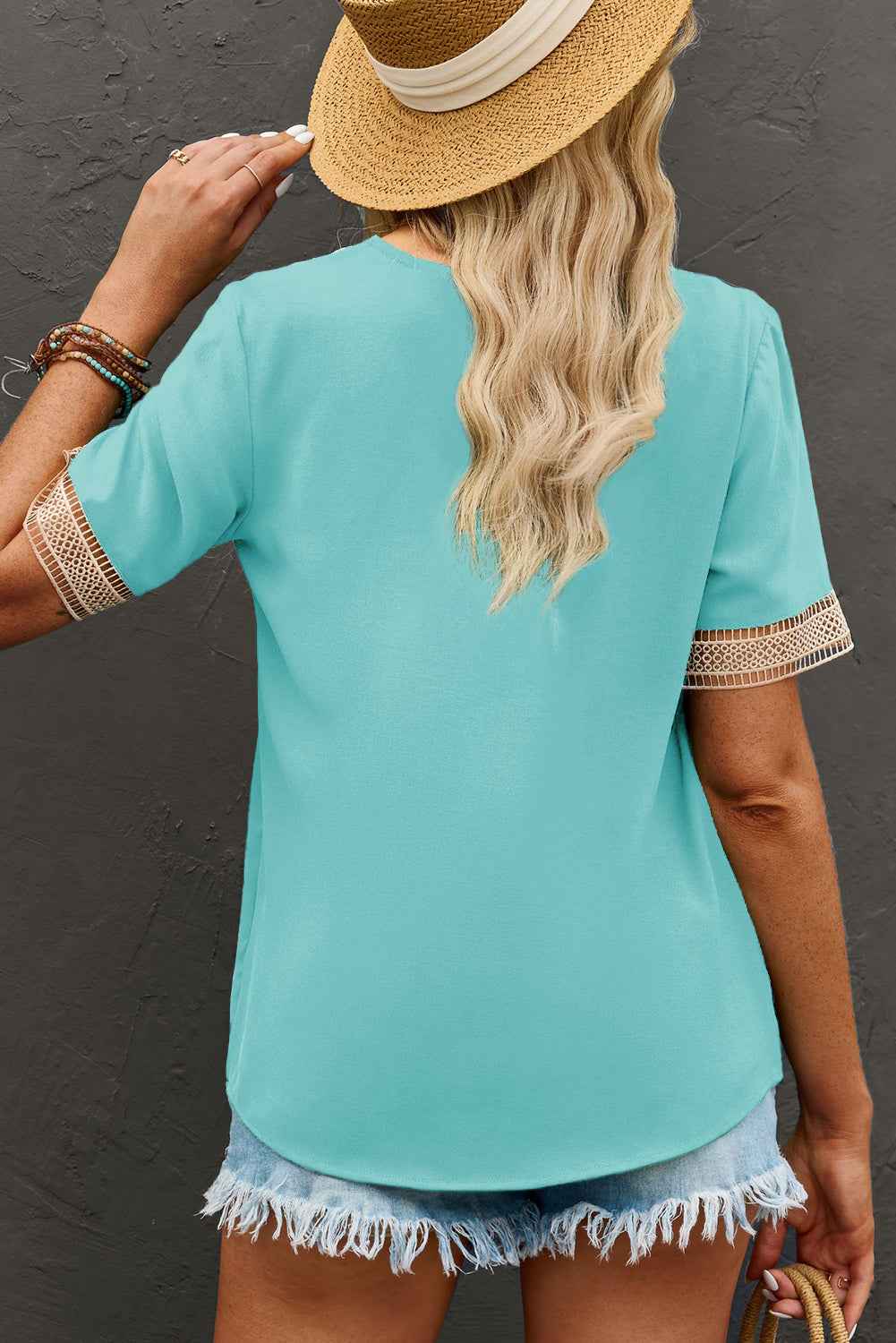 Green Lace Trim V Neck Short Sleeve Blouse