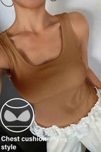 Coffee Ribbed Knit Sweet Lace Hem Vest