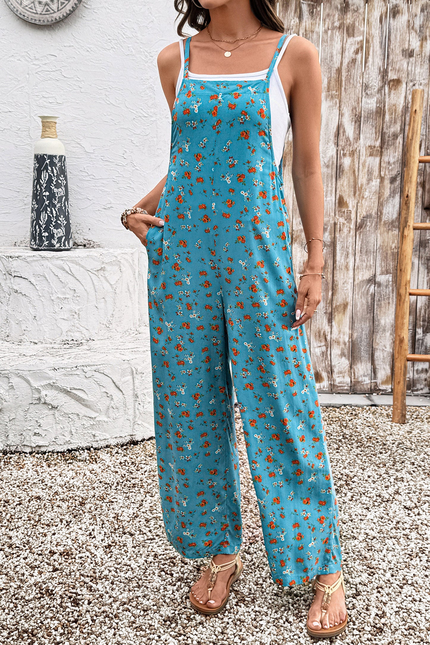 Khaki Floral Print Spaghetti Straps Loose Pocketed Jumpsuit