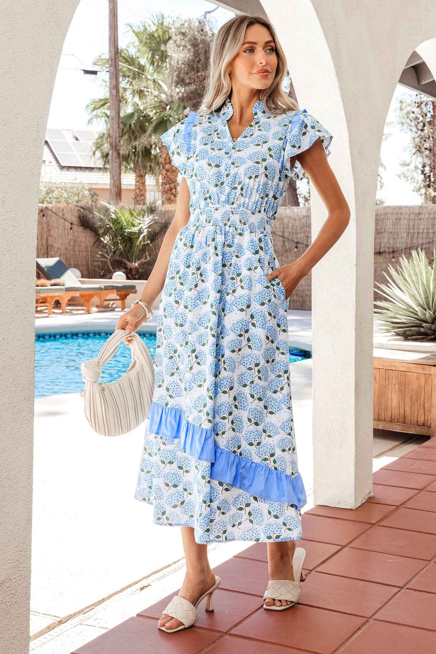 Sky Blue Hydrangea Floral Print Ruffle Trim Flutter Sleeve Long Dress
